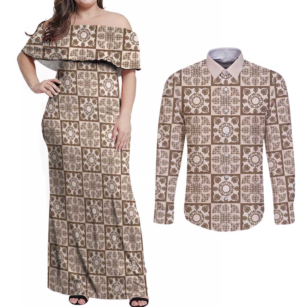 Beige Palaka Quilt Hawaii Couples Matching Off Shoulder Maxi Dress and Long Sleeve Button Shirt Hawaiian Tropical Monstera Sea Turtle