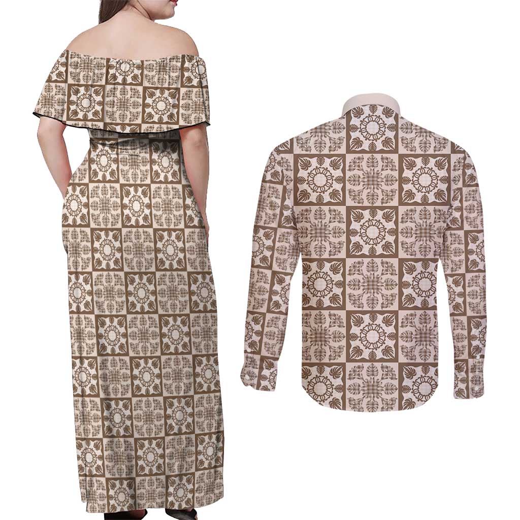 Beige Palaka Quilt Hawaii Couples Matching Off Shoulder Maxi Dress and Long Sleeve Button Shirt Hawaiian Tropical Monstera Sea Turtle
