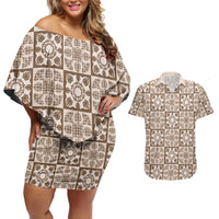 Beige Palaka Quilt Hawaii Couples Matching Off Shoulder Short Dress and Hawaiian Shirt Hawaiian Tropical Monstera Sea Turtle