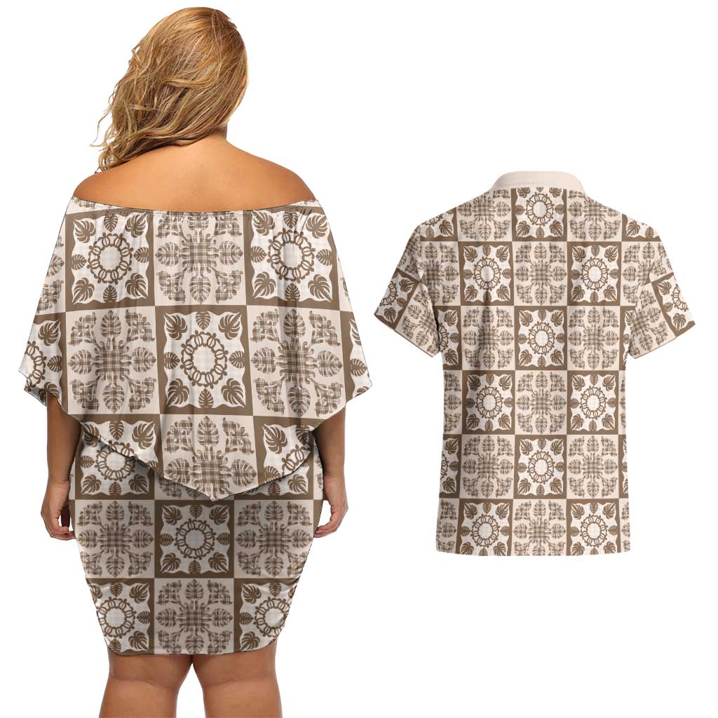 Beige Palaka Quilt Hawaii Couples Matching Off Shoulder Short Dress and Hawaiian Shirt Hawaiian Tropical Monstera Sea Turtle