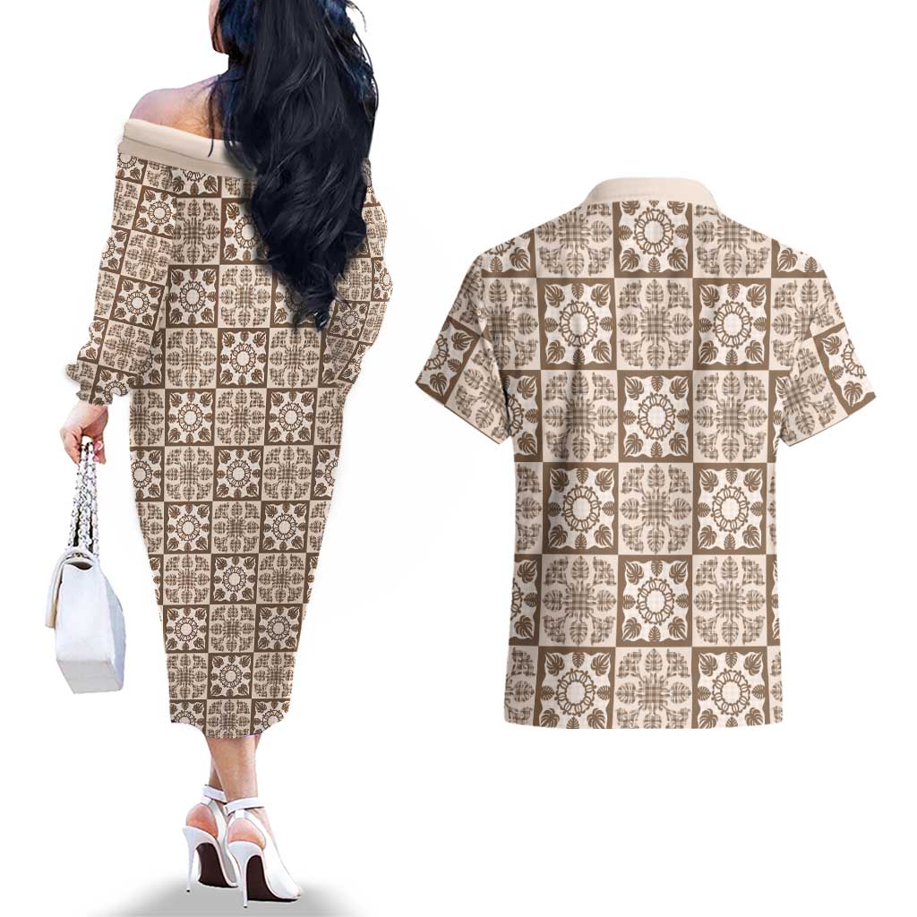 Beige Palaka Quilt Hawaii Couples Matching Off The Shoulder Long Sleeve Dress and Hawaiian Shirt Hawaiian Tropical Monstera Sea Turtle