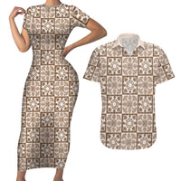 Beige Palaka Quilt Hawaii Couples Matching Short Sleeve Bodycon Dress and Hawaiian Shirt Hawaiian Tropical Monstera Sea Turtle