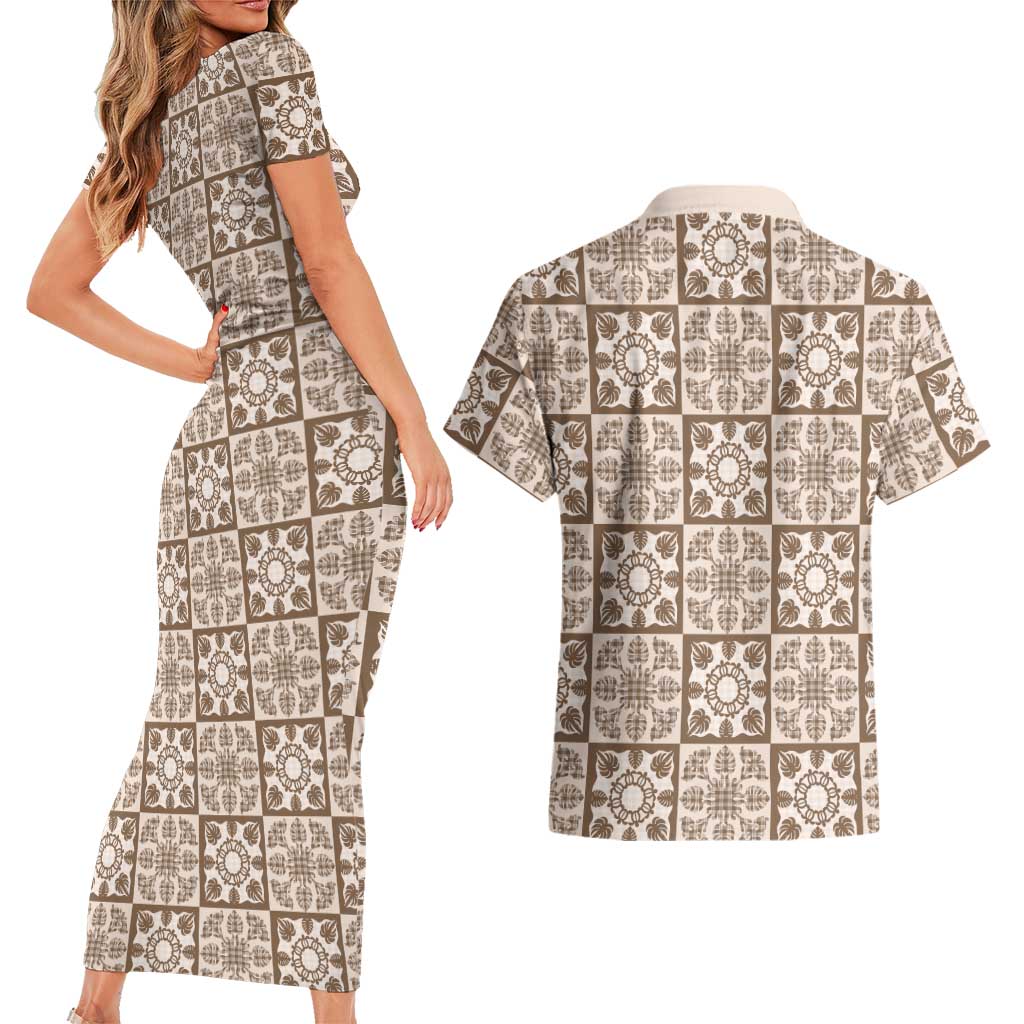 Beige Palaka Quilt Hawaii Couples Matching Short Sleeve Bodycon Dress and Hawaiian Shirt Hawaiian Tropical Monstera Sea Turtle