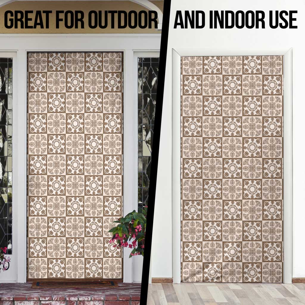 Beige Palaka Quilt Hawaii Door Cover Hawaiian Tropical Monstera Sea Turtle