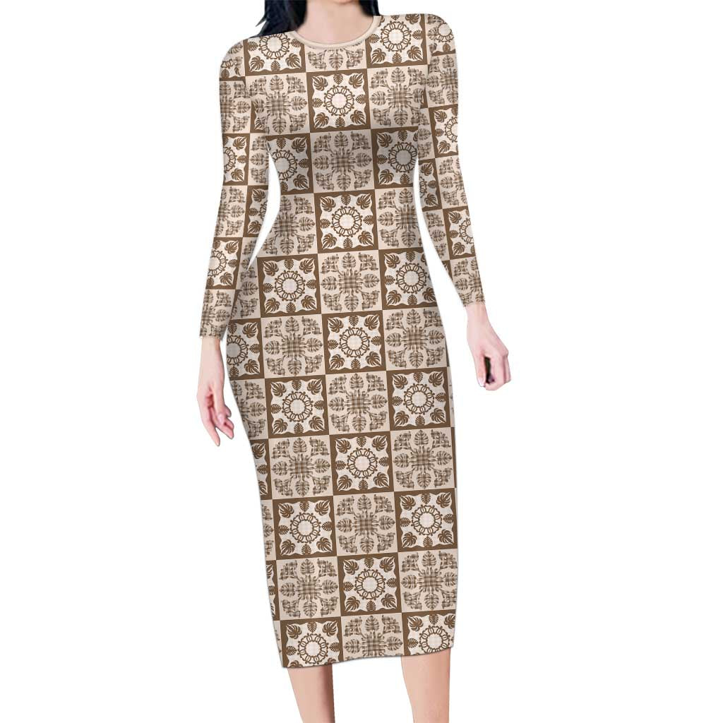 Beige Palaka Quilt Hawaii Family Matching Long Sleeve Bodycon Dress and Hawaiian Shirt Hawaiian Tropical Monstera Sea Turtle