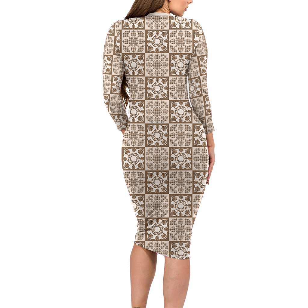Beige Palaka Quilt Hawaii Family Matching Long Sleeve Bodycon Dress and Hawaiian Shirt Hawaiian Tropical Monstera Sea Turtle