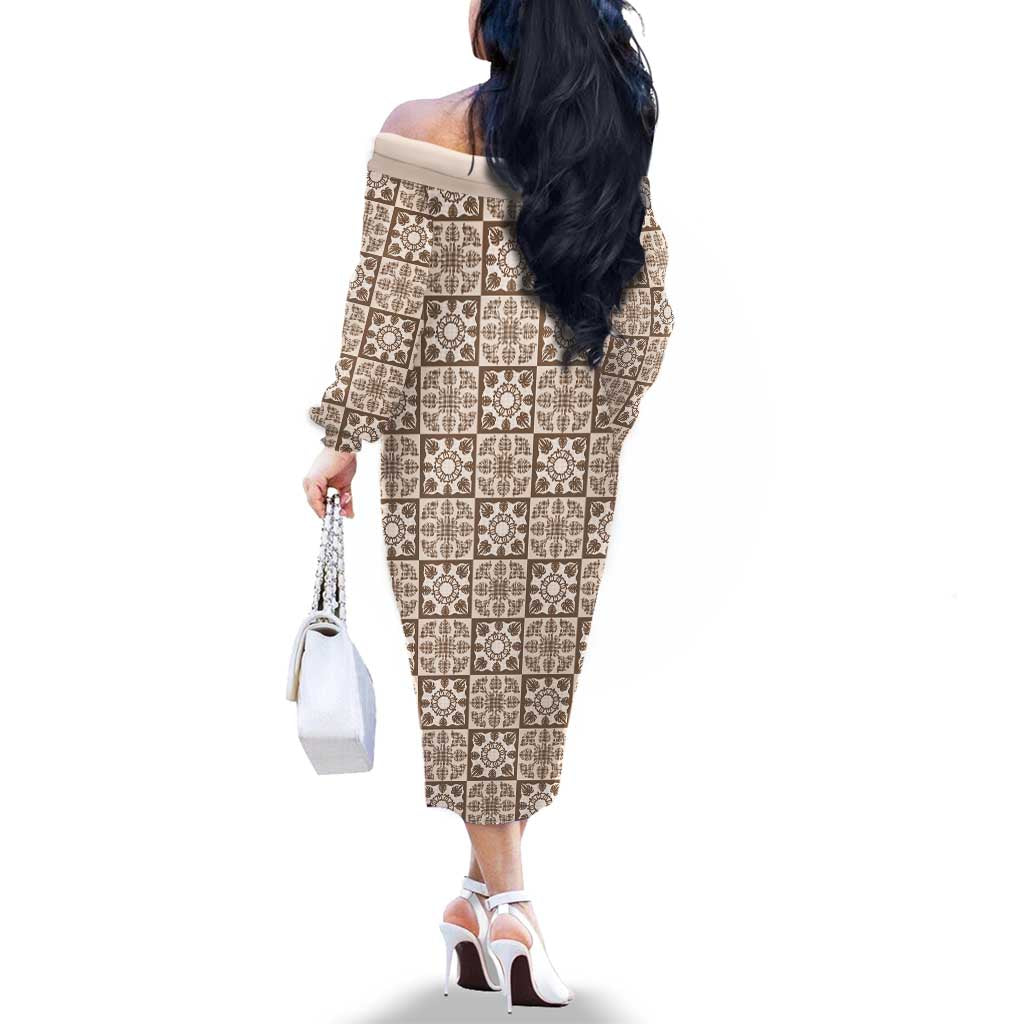 Beige Palaka Quilt Hawaii Family Matching Off The Shoulder Long Sleeve Dress and Hawaiian Shirt Hawaiian Tropical Monstera Sea Turtle