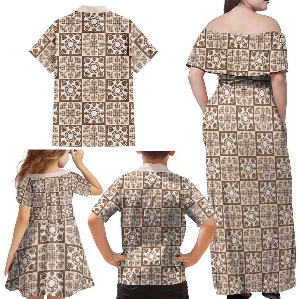 Beige Palaka Quilt Hawaii Family Matching Off Shoulder Maxi Dress and Hawaiian Shirt Hawaiian Tropical Monstera Sea Turtle