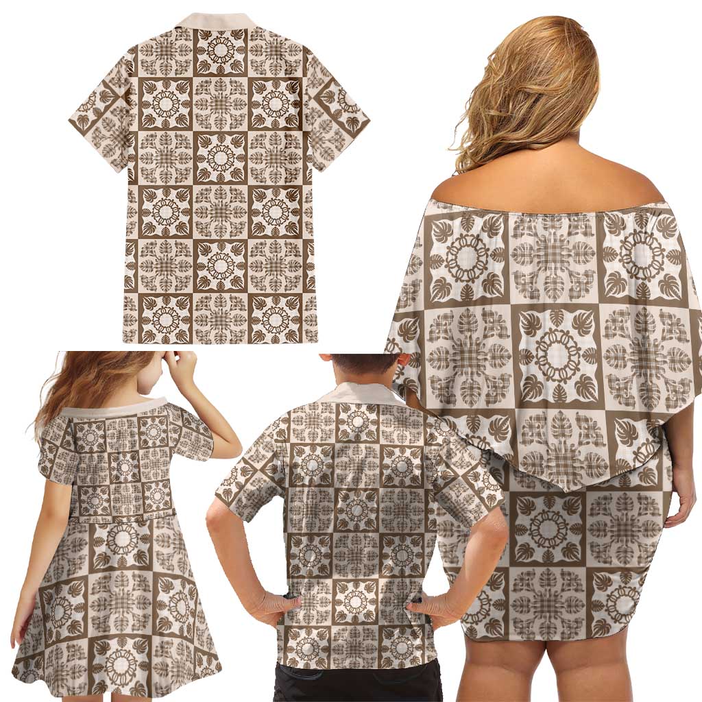 Beige Palaka Quilt Hawaii Family Matching Off Shoulder Short Dress and Hawaiian Shirt Hawaiian Tropical Monstera Sea Turtle