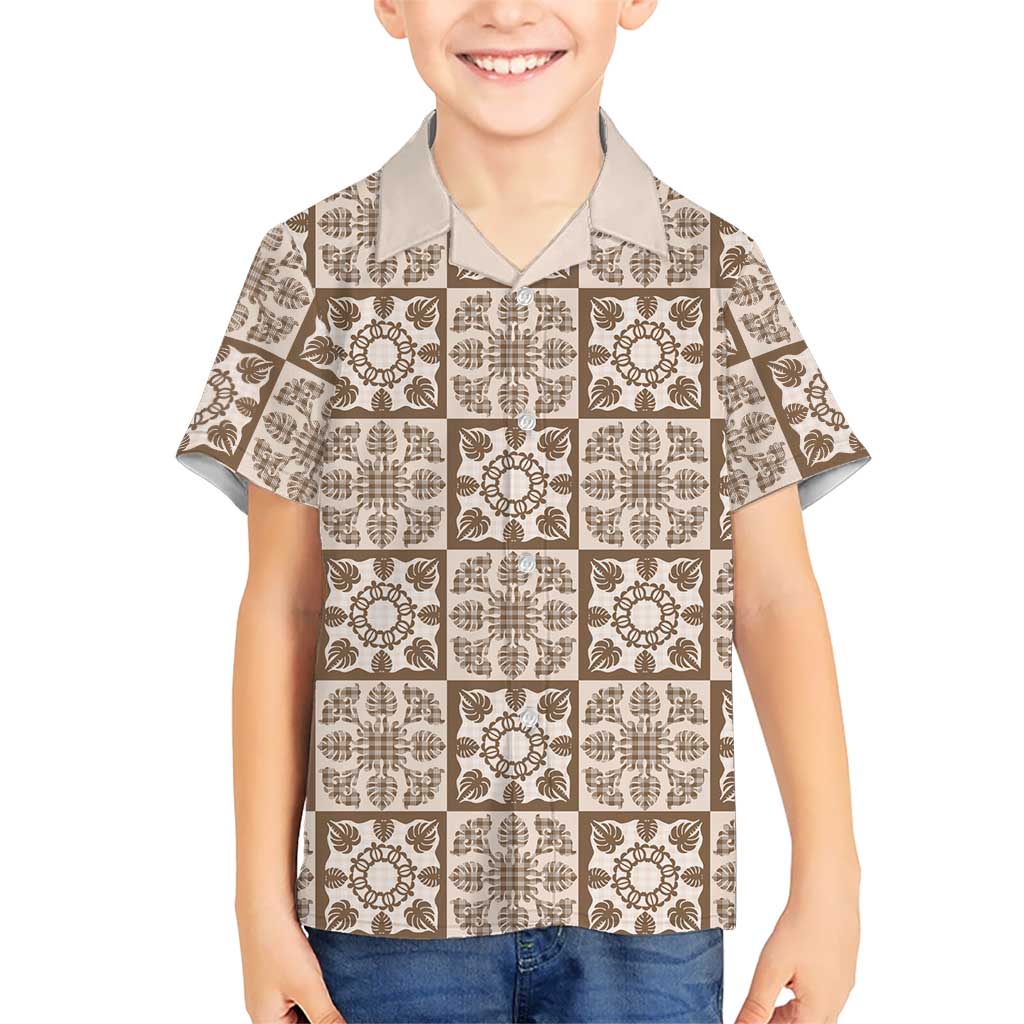 Beige Palaka Quilt Hawaii Family Matching Puletasi and Hawaiian Shirt Hawaiian Tropical Monstera Sea Turtle