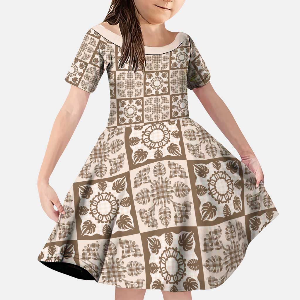 Beige Palaka Quilt Hawaii Family Matching Short Sleeve Bodycon Dress and Hawaiian Shirt Hawaiian Tropical Monstera Sea Turtle