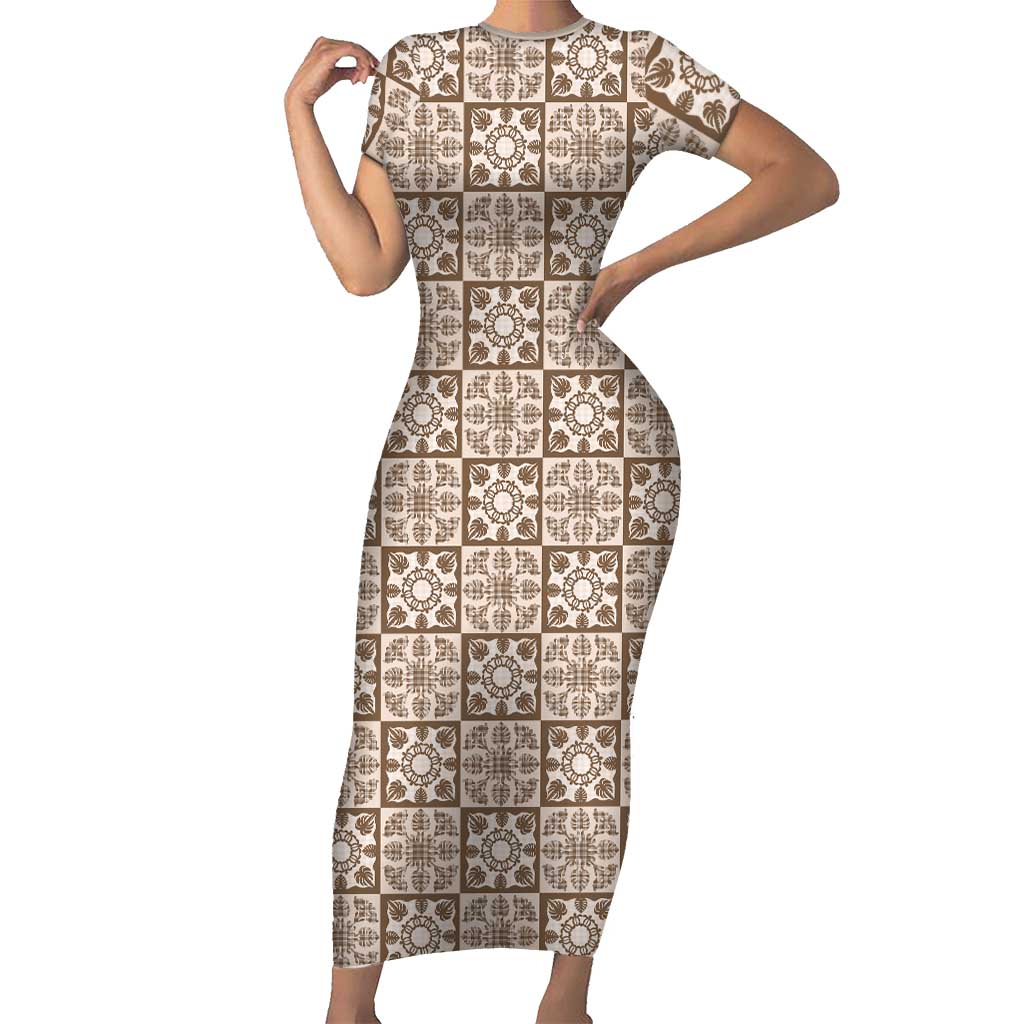 Beige Palaka Quilt Hawaii Family Matching Short Sleeve Bodycon Dress and Hawaiian Shirt Hawaiian Tropical Monstera Sea Turtle