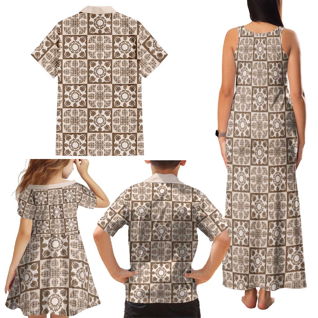 Beige Palaka Quilt Hawaii Family Matching Tank Maxi Dress and Hawaiian Shirt Hawaiian Tropical Monstera Sea Turtle