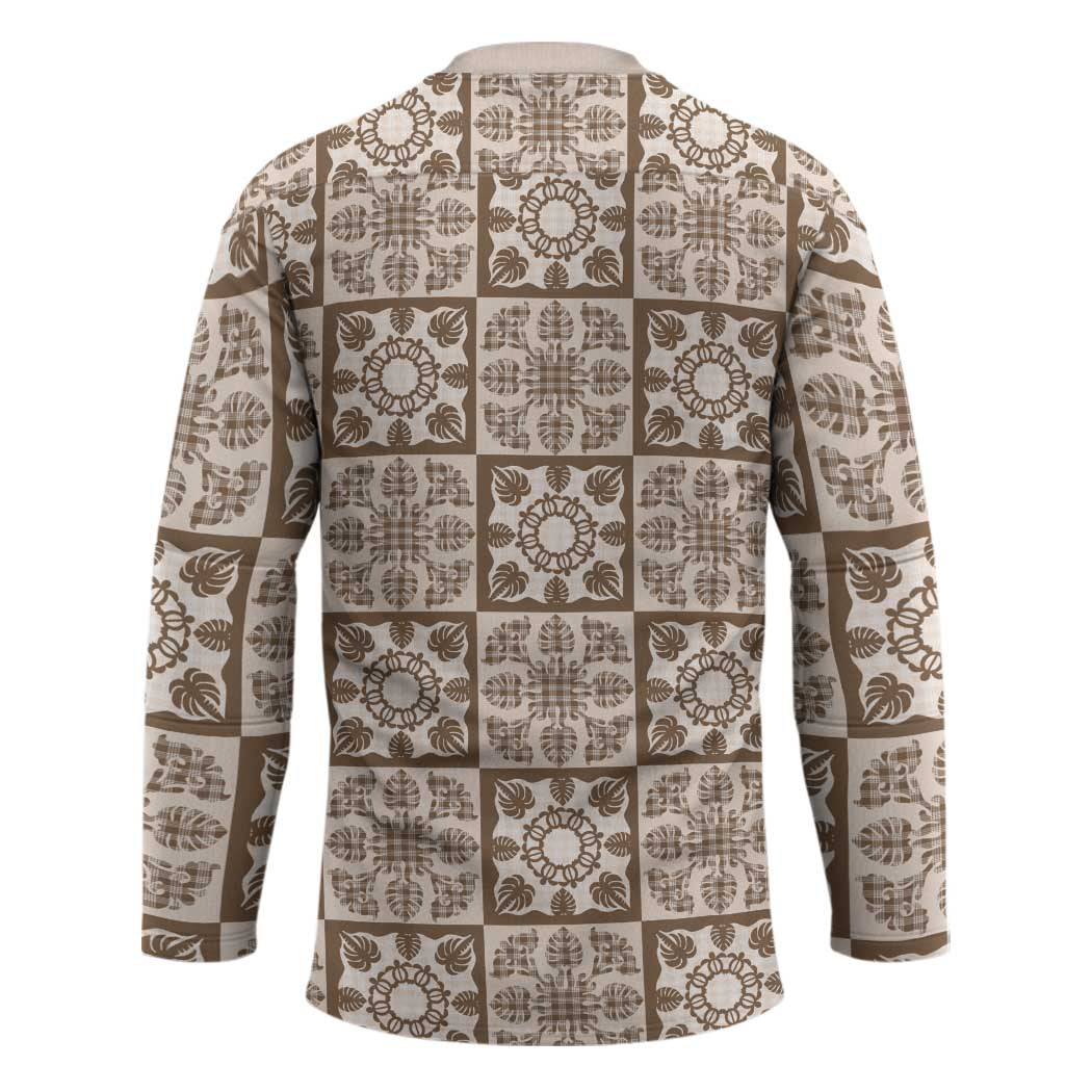 Beige Palaka Quilt Hawaii Hockey Jersey Hawaiian Tropical Monstera Sea Turtle