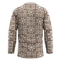 Beige Palaka Quilt Hawaii Hockey Jersey Hawaiian Tropical Monstera Sea Turtle