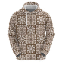 Beige Palaka Quilt Hawaii Hoodie Hawaiian Tropical Monstera Sea Turtle