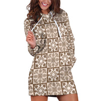 Beige Palaka Quilt Hawaii Hoodie Dress Hawaiian Tropical Monstera Sea Turtle