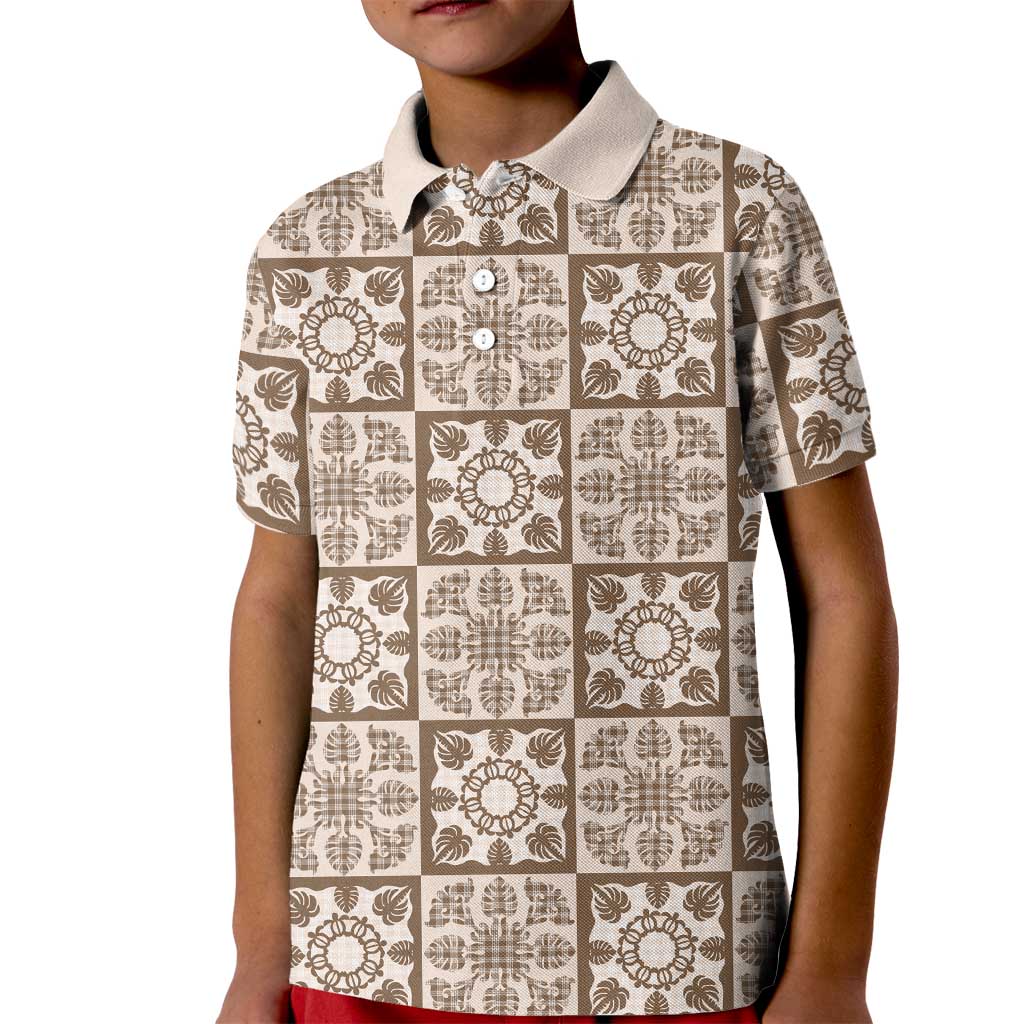 Beige Palaka Quilt Hawaii Kid Polo Shirt Hawaiian Tropical Monstera Sea Turtle LT14 Kid Beige - Polynesian Pride