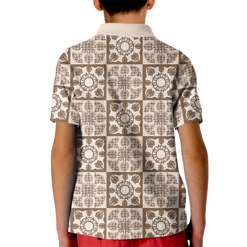 Beige Palaka Quilt Hawaii Kid Polo Shirt Hawaiian Tropical Monstera Sea Turtle LT14 - Polynesian Pride
