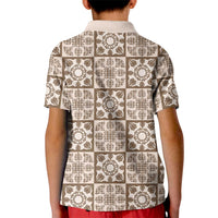 Beige Palaka Quilt Hawaii Kid Polo Shirt Hawaiian Tropical Monstera Sea Turtle LT14 - Polynesian Pride