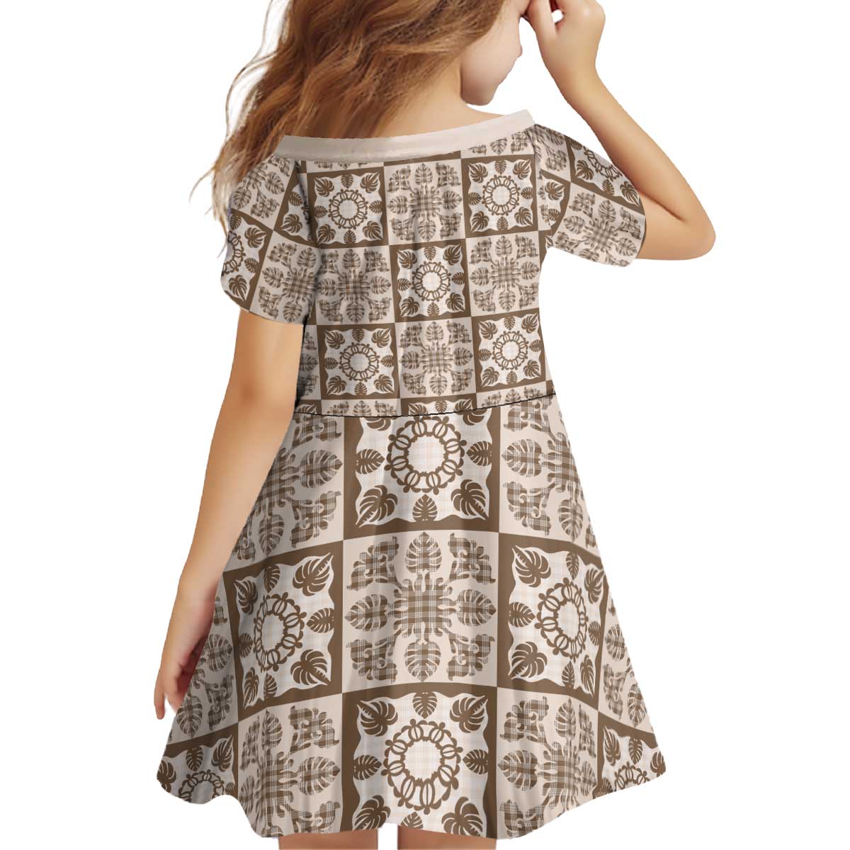 Beige Palaka Quilt Hawaii Kid Short Sleeve Dress Hawaiian Tropical Monstera Sea Turtle