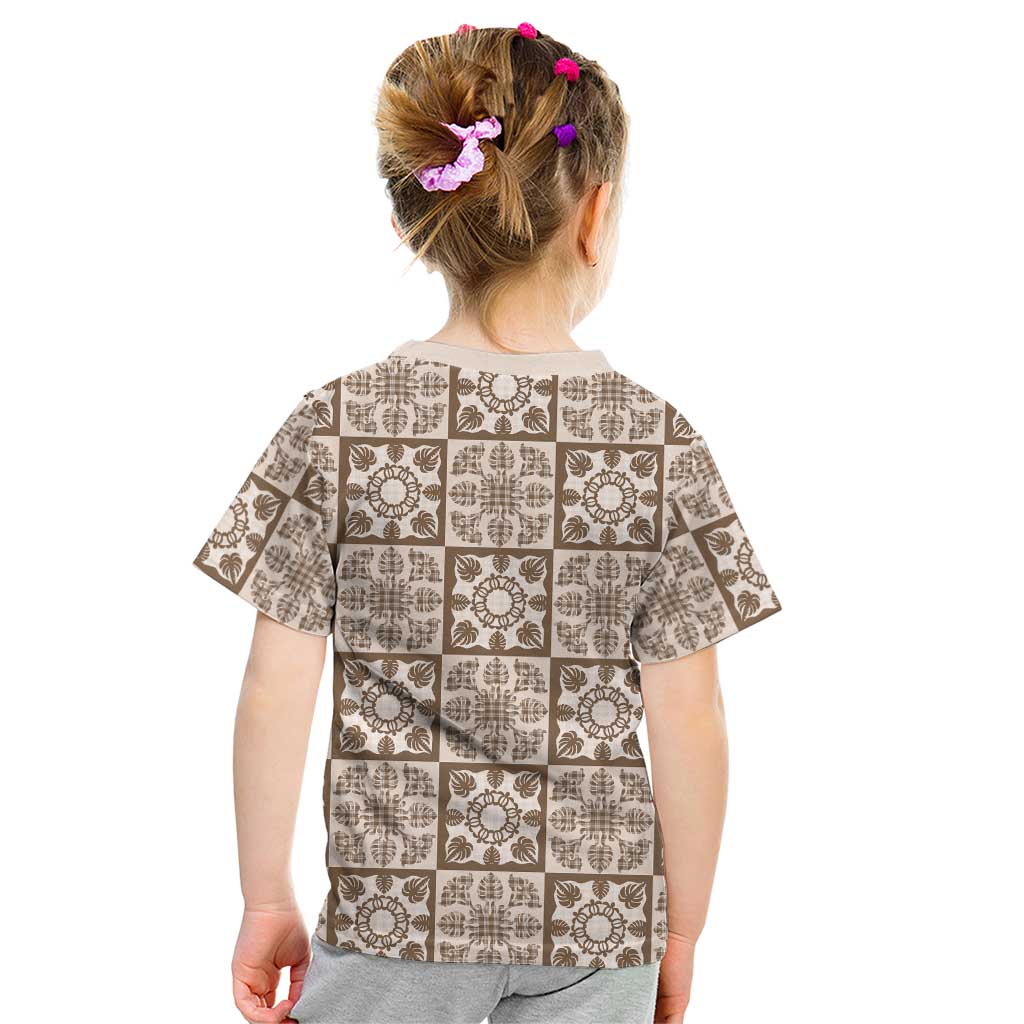 Beige Palaka Quilt Hawaii Kid T Shirt Hawaiian Tropical Monstera Sea Turtle