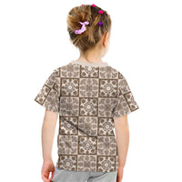 Beige Palaka Quilt Hawaii Kid T Shirt Hawaiian Tropical Monstera Sea Turtle