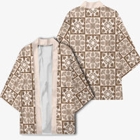 Beige Palaka Quilt Hawaii Kimono Hawaiian Tropical Monstera Sea Turtle LT14 - Polynesian Pride