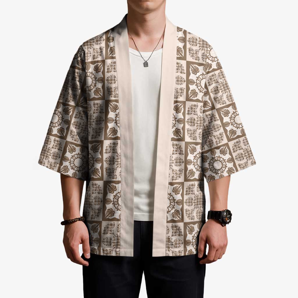 Beige Palaka Quilt Hawaii Kimono Hawaiian Tropical Monstera Sea Turtle LT14 - Polynesian Pride