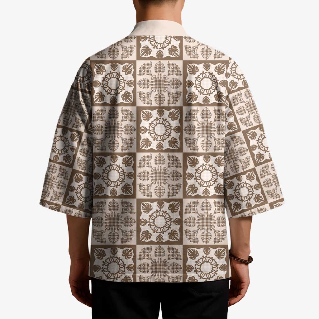 Beige Palaka Quilt Hawaii Kimono Hawaiian Tropical Monstera Sea Turtle LT14 - Polynesian Pride