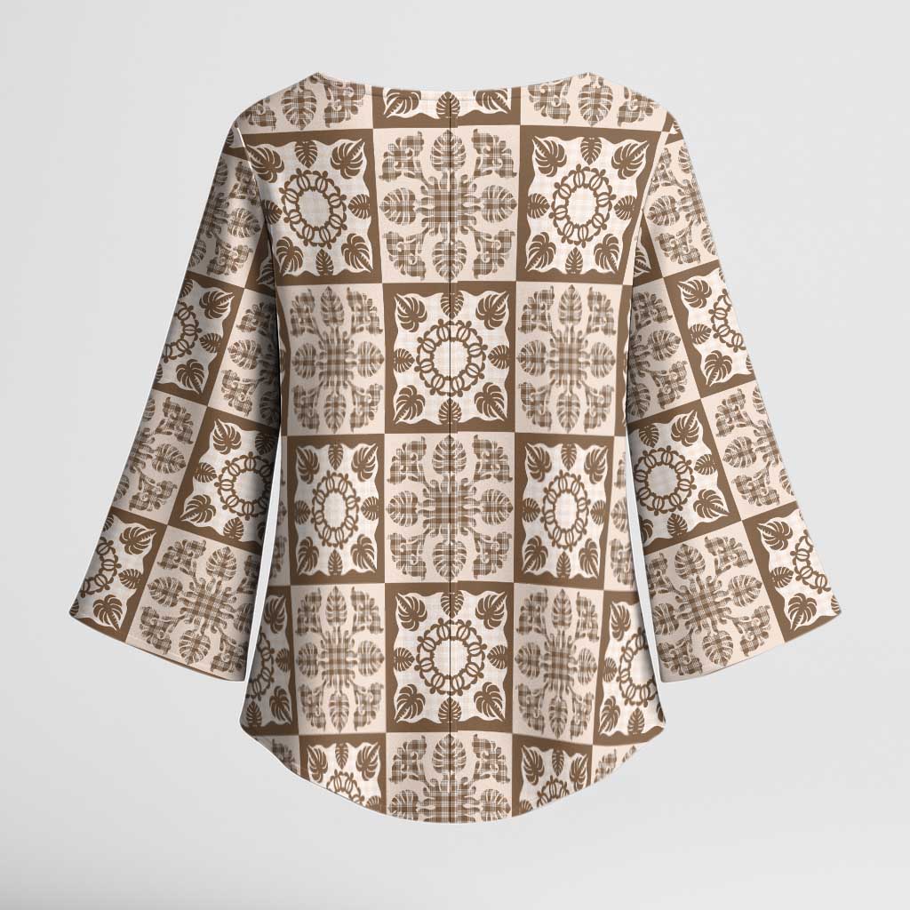 Beige Palaka Quilt Hawaii Kimono Sleeve Blouse Hawaiian Tropical Monstera Sea Turtle