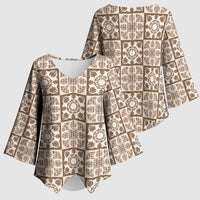 Beige Palaka Quilt Hawaii Kimono Sleeve Blouse Hawaiian Tropical Monstera Sea Turtle