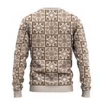 Beige Palaka Quilt Hawaii Ugly Christmas Sweater Hawaiian Tropical Monstera Sea Turtle LT14 - Polynesian Pride