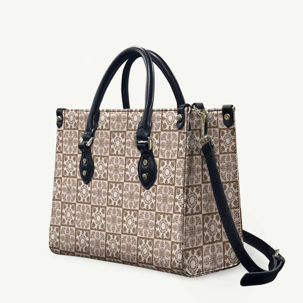 Beige Palaka Quilt Hawaii Leather Bag Hawaiian Tropical Monstera Sea Turtle