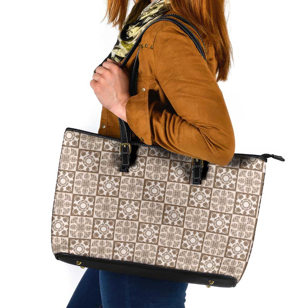 Beige Palaka Quilt Hawaii Leather Tote Bag Hawaiian Tropical Monstera Sea Turtle