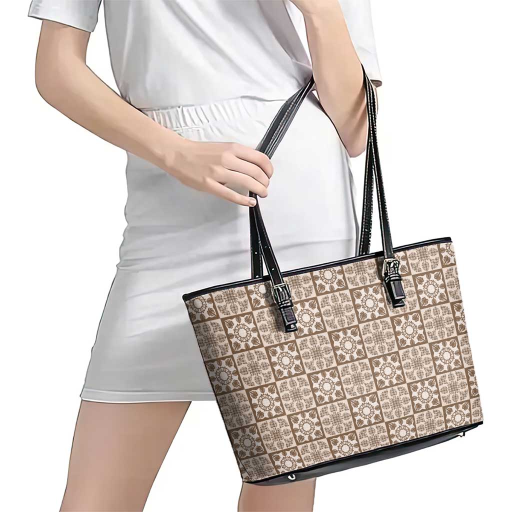 Beige Palaka Quilt Hawaii Leather Tote Bag Hawaiian Tropical Monstera Sea Turtle