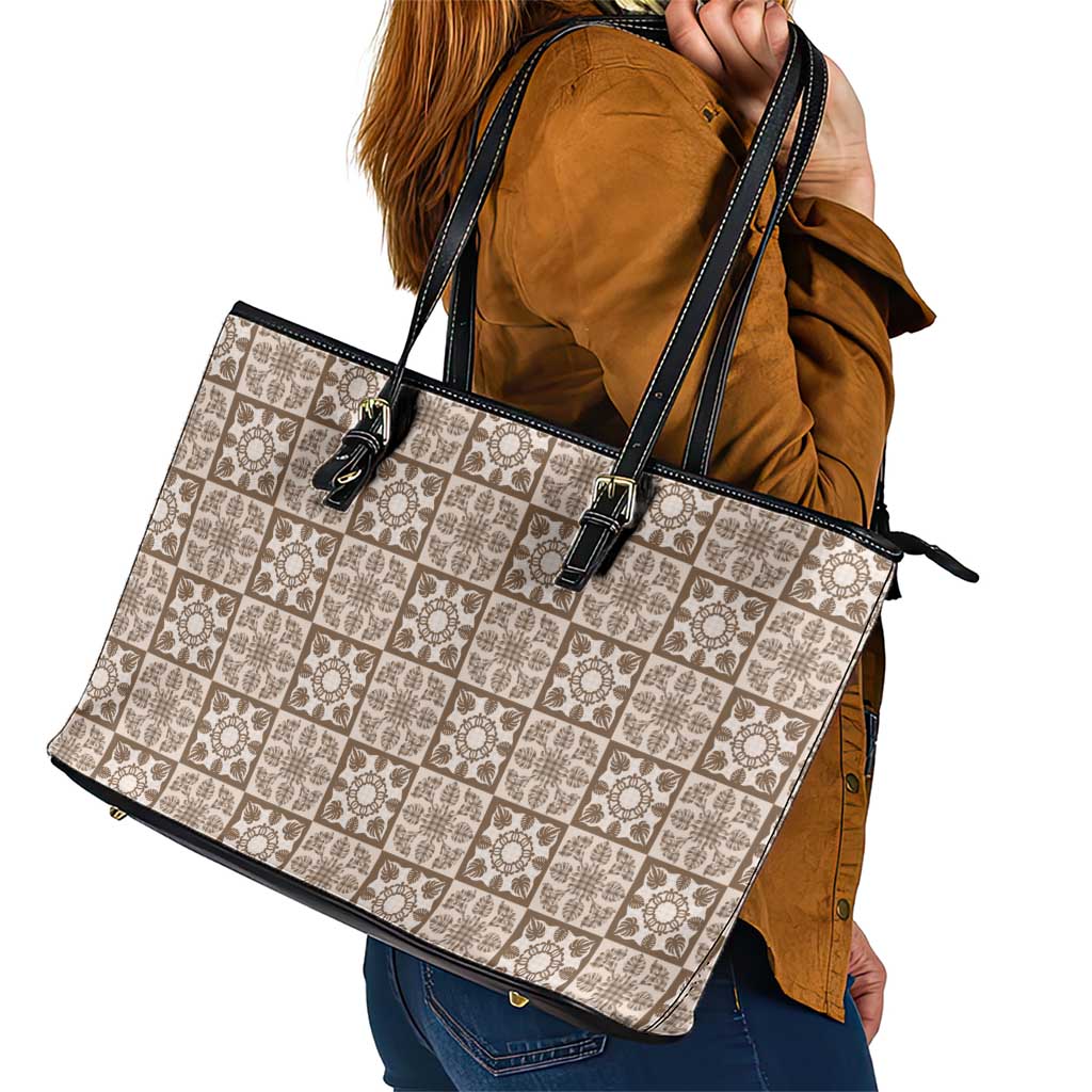 Beige Palaka Quilt Hawaii Leather Tote Bag Hawaiian Tropical Monstera Sea Turtle