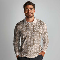 Beige Palaka Quilt Hawaii Long Sleeve Polo Shirt Hawaiian Tropical Monstera Sea Turtle