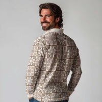 Beige Palaka Quilt Hawaii Long Sleeve Polo Shirt Hawaiian Tropical Monstera Sea Turtle