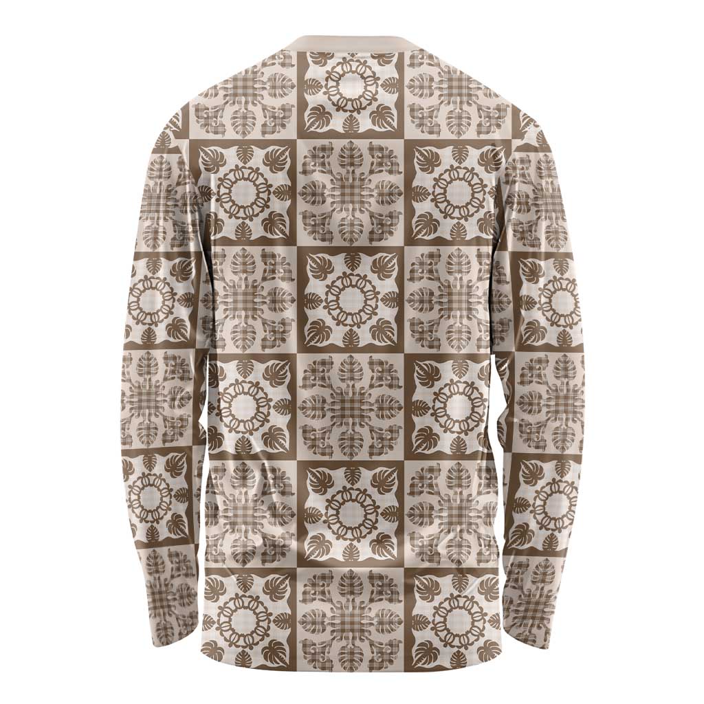 Beige Palaka Quilt Hawaii Long Sleeve Shirt Hawaiian Tropical Monstera Sea Turtle