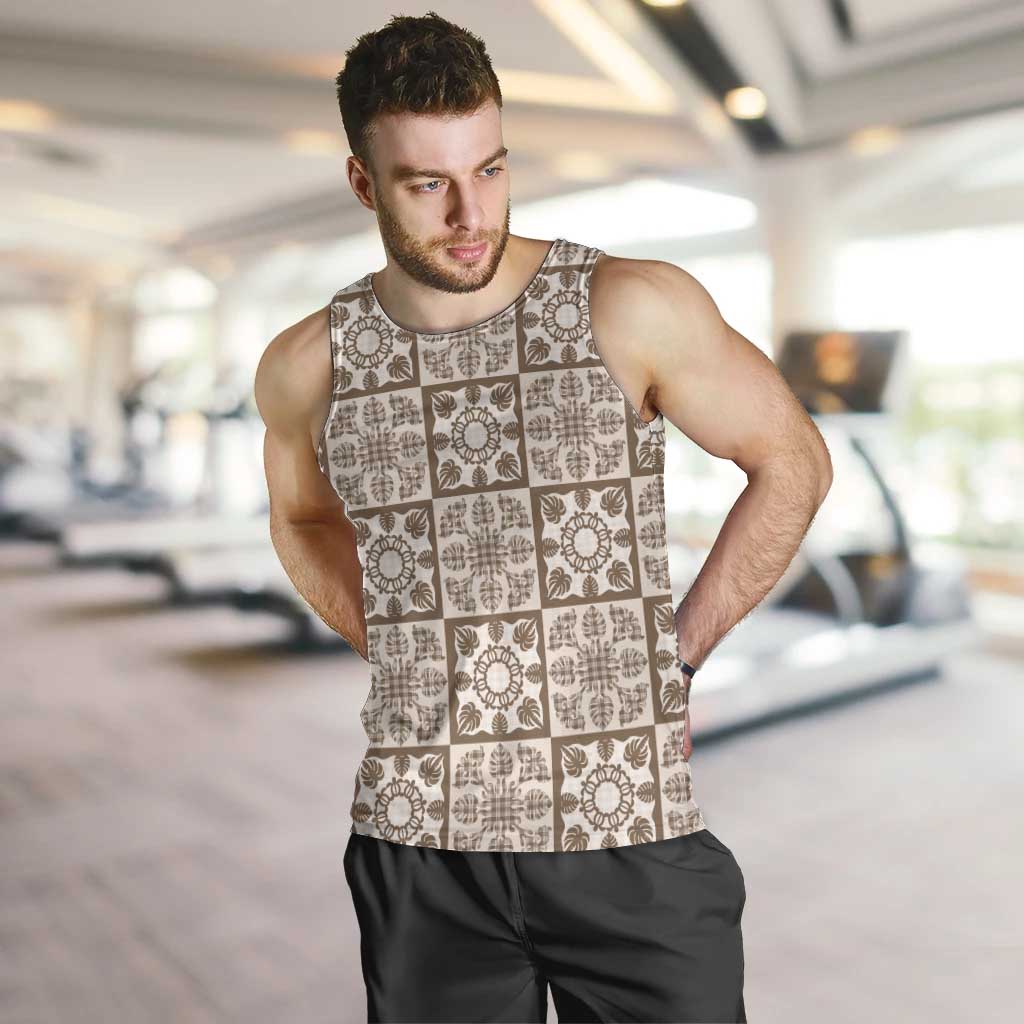 Beige Palaka Quilt Hawaii Men Tank Top Hawaiian Tropical Monstera Sea Turtle