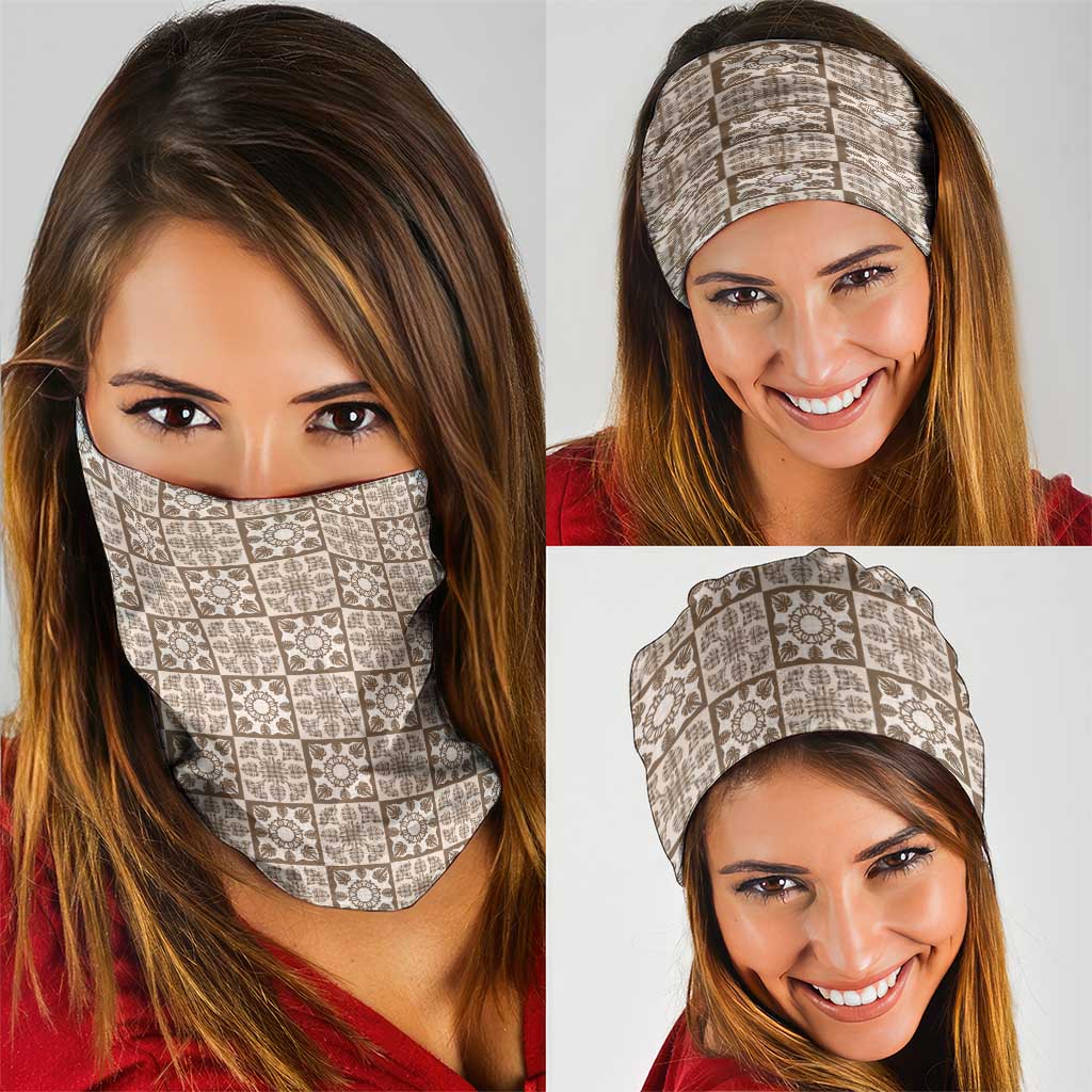 Beige Palaka Quilt Hawaii Neck Gaiter Hawaiian Tropical Monstera Sea Turtle