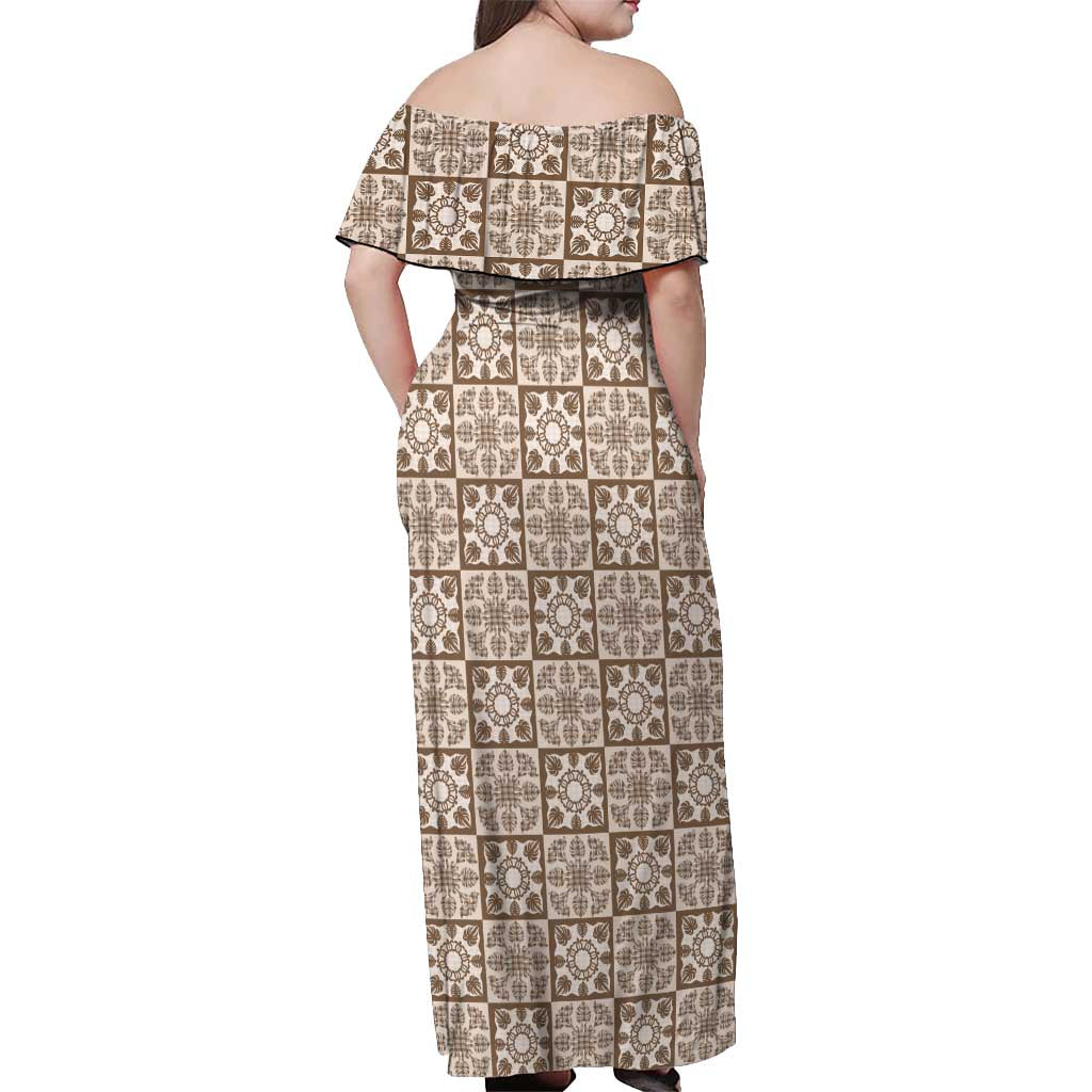 Beige Palaka Quilt Hawaii Off Shoulder Maxi Dress Hawaiian Tropical Monstera Sea Turtle