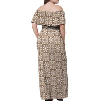 Beige Palaka Quilt Hawaii Off Shoulder Maxi Dress Hawaiian Tropical Monstera Sea Turtle