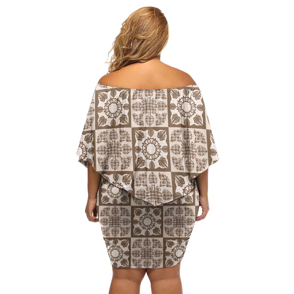 Beige Palaka Quilt Hawaii Off Shoulder Short Dress Hawaiian Tropical Monstera Sea Turtle LT14 - Polynesian Pride