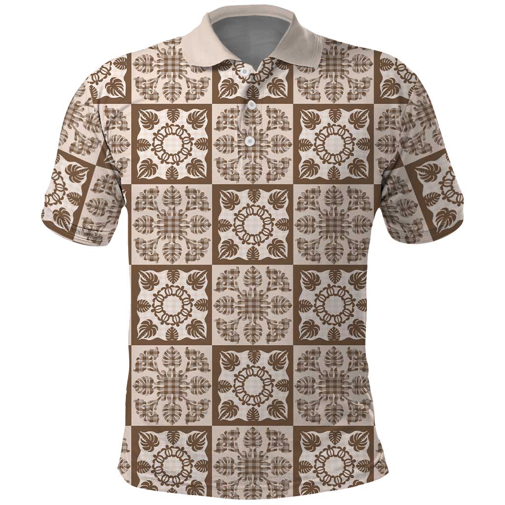 Beige Palaka Quilt Hawaii Polo Shirt Hawaiian Tropical Monstera Sea Turtle LT14 Beige - Polynesian Pride