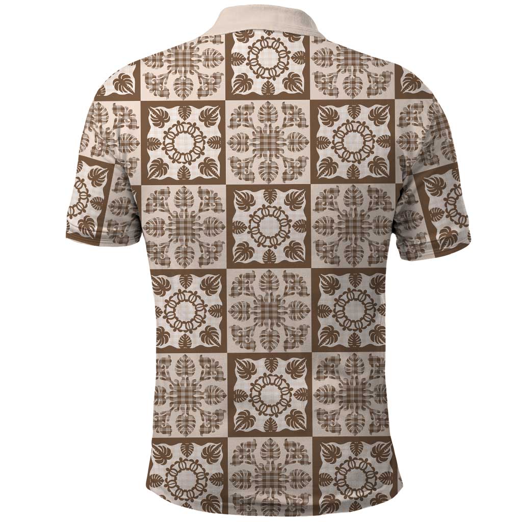 Beige Palaka Quilt Hawaii Polo Shirt Hawaiian Tropical Monstera Sea Turtle LT14 - Polynesian Pride