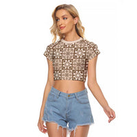 Beige Palaka Quilt Hawaii Raglan Cropped T Shirt Hawaiian Tropical Monstera Sea Turtle LT14 Female Beige - Polynesian Pride
