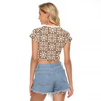 Beige Palaka Quilt Hawaii Raglan Cropped T Shirt Hawaiian Tropical Monstera Sea Turtle LT14 - Polynesian Pride