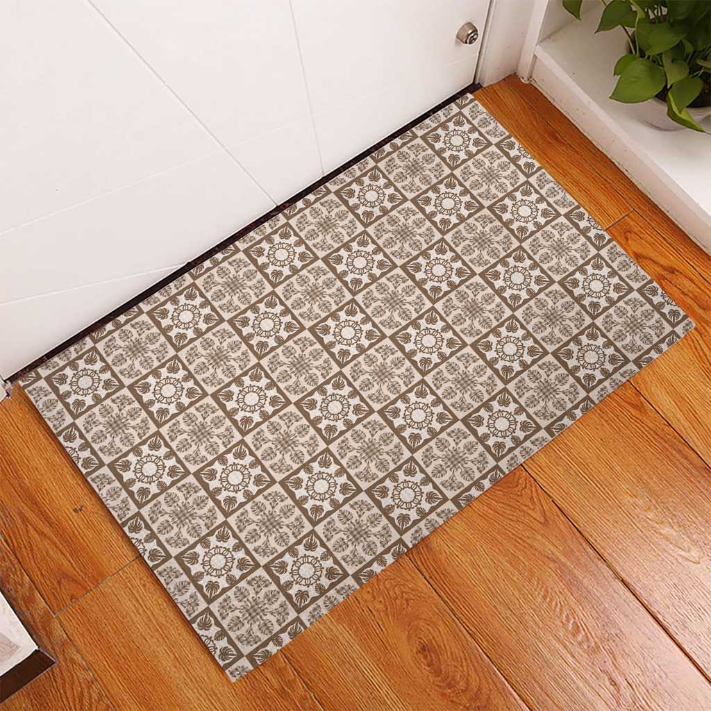 Beige Palaka Quilt Hawaii Rubber Doormat Hawaiian Tropical Monstera Sea Turtle